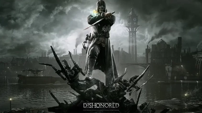 Корковая обложка игры Dishonored с героем, который напоминает смесь древнего убийцы и уставшего от жизни клоуна