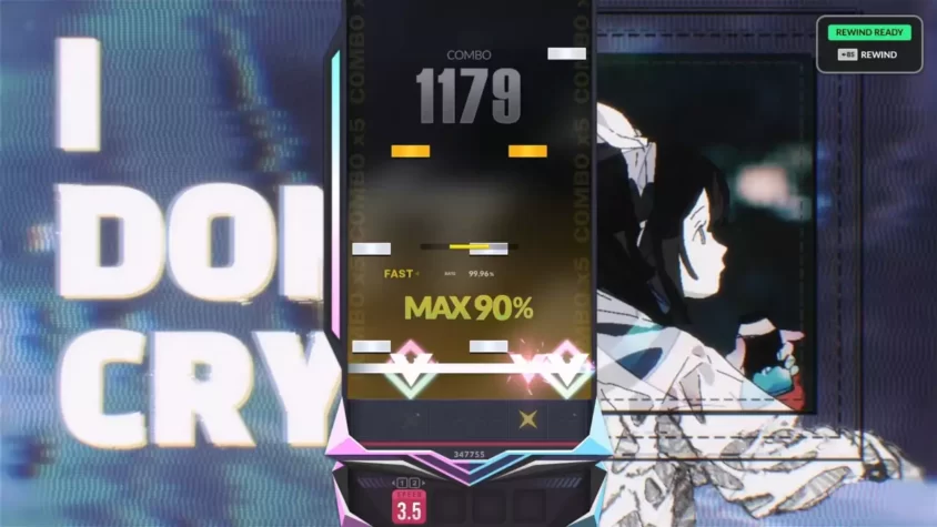 Геймплей DJMAX RESPECT V - экран с текстом и персонажем