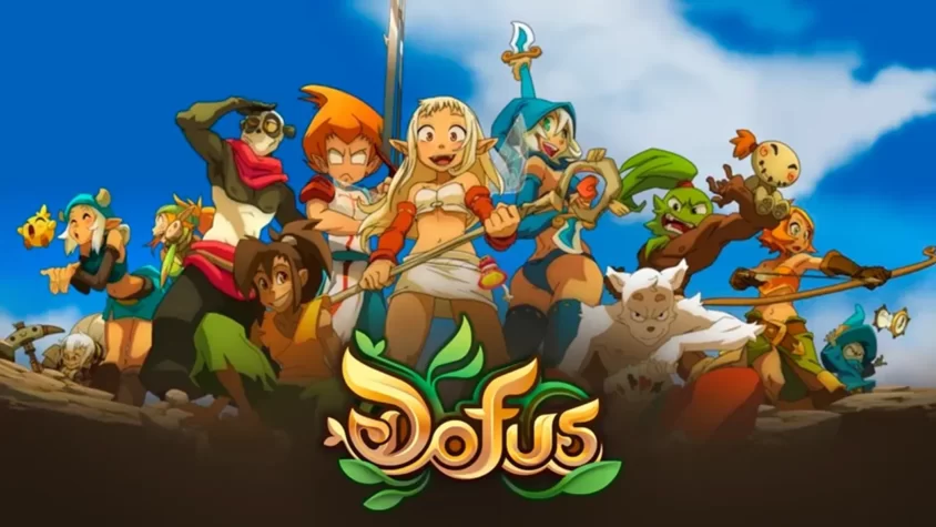Обложка игры Dofus, с героями и веселыми персонажами, готовыми к приключениям