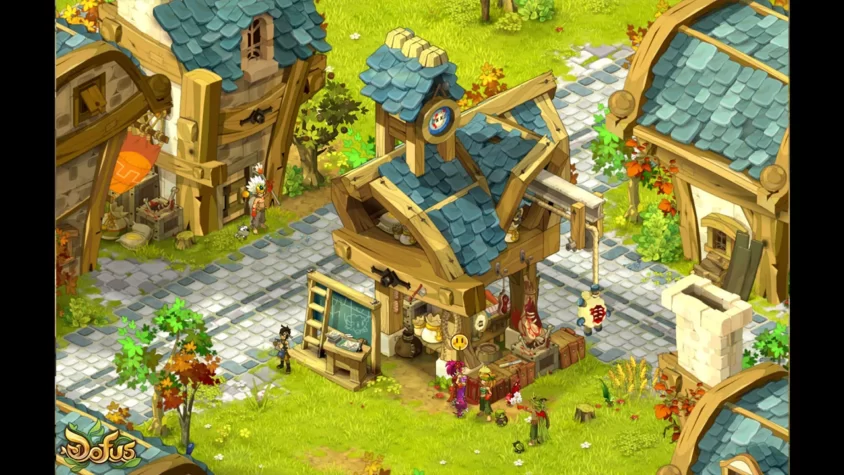 Городской пейзаж в игре Dofus с множеством зданий и NPC
