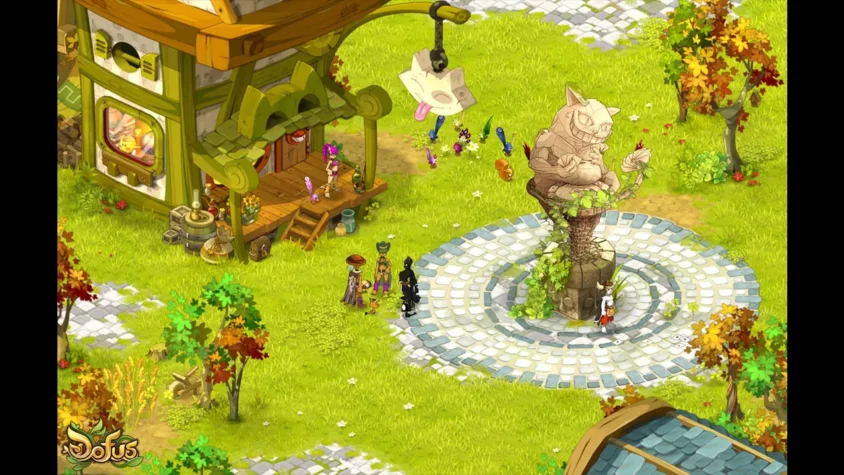 Сцена с памятником в центре города и игроками в Dofus