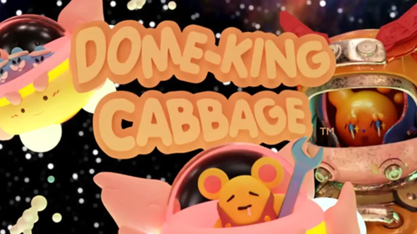 Dome-King Cabbage – Обложка Обложка игры с мишкой в космосе и веселыми персонажами