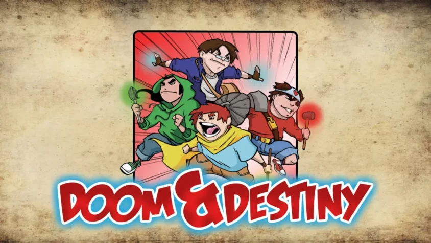 Обложка игры Doom & Destiny с четырьмя героями, готовыми к приключению