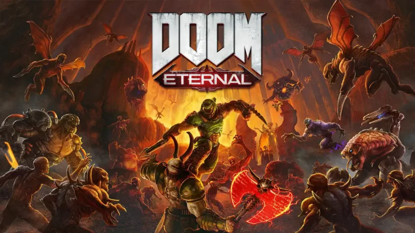 Doom Eternal Обложка игры Doom Eternal с кровавыми боями и монстрами