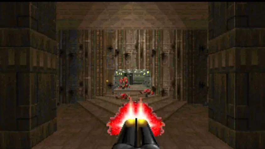 Интерфейс игры Doom II с вогненными эффектами и разрушениями