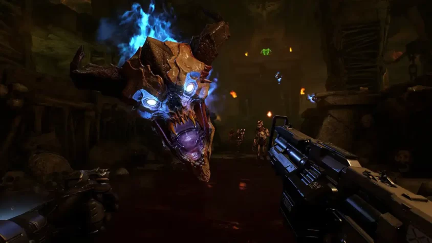 Сцена из Doom VFR: столкновение с демоническим монстром