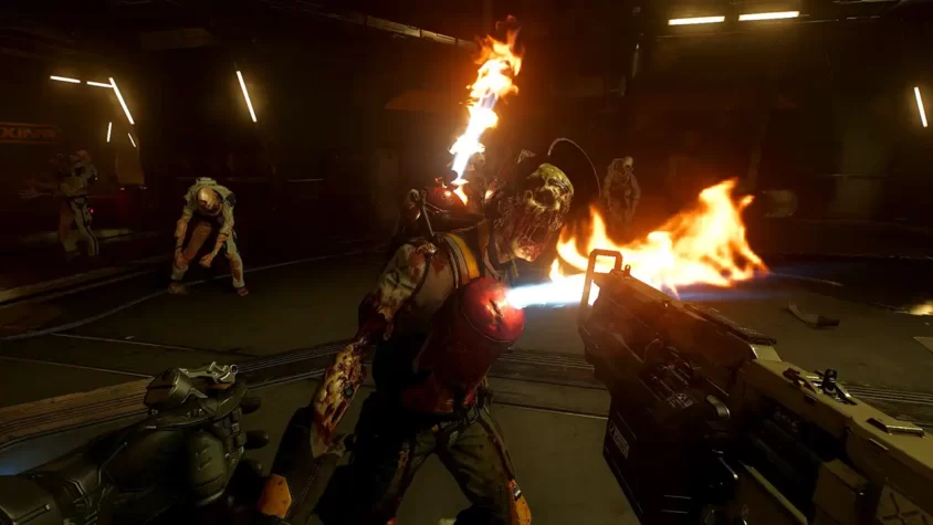 Сцена из Doom VFR: горящий зомби с огнеметом