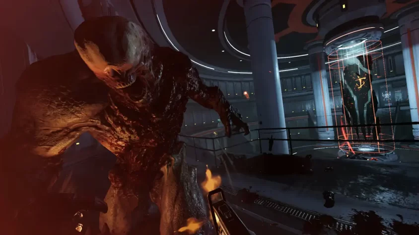 Сцена из Doom VFR: огненная схватка с мутированным существом