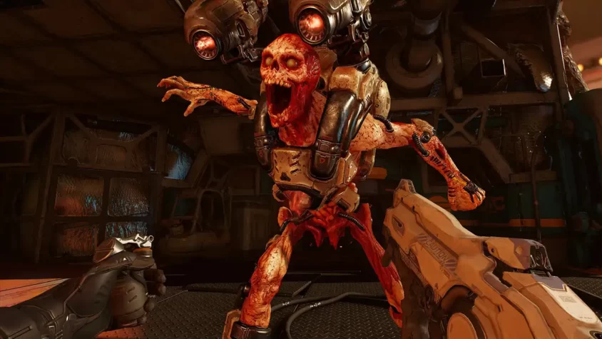 Сцена из Doom VFR: роботизированный зомби на фоне разрушенного города