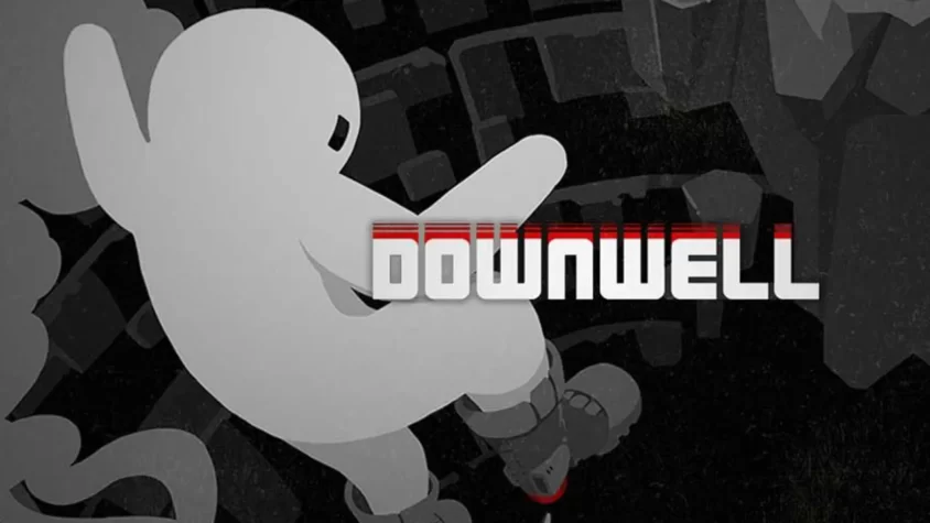 Обложка игры Downwell, с забавным белым персонажем, который падает в черную бездну