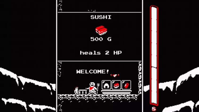 Персонаж в Downwell выбирает предметы и получает здоровье