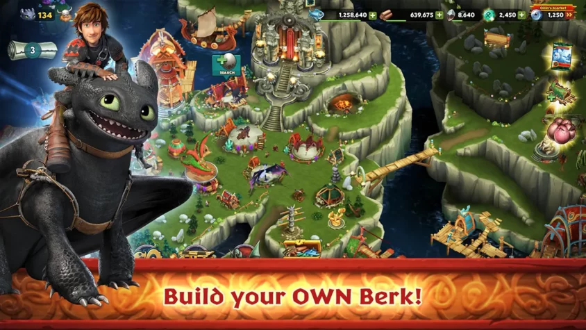 Игровая база с постройками, драконами и интерфейсом в Dragons: Rise of Berk