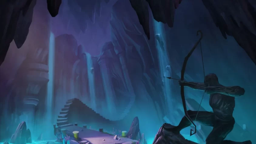 Подземелье в игре Drawn: Trail of Shadows, с загадочной скульптурой лучника и лестницей в глубину