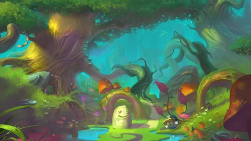 Магический лес с улыбающимся грибом в игре Drawn: Trail of Shadows