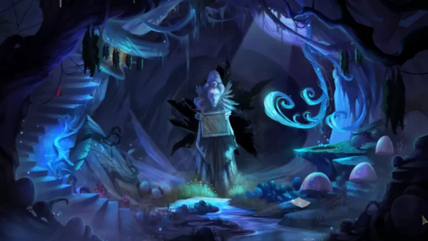 Тайное место с мистической статуей и светящимися элементами в игре Drawn: Trail of Shadows