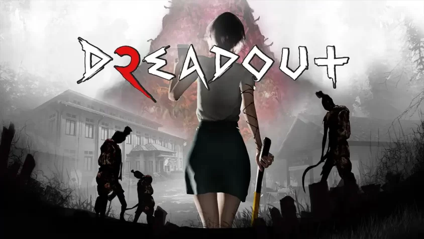 Обложка игры DreadOut 2, где девушка с телефоном в руке и ломом в другой позирует на фоне зловещего разрушенного города.