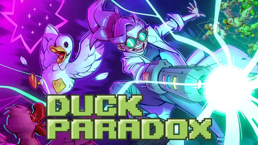 Duck Paradox — Обложка Обложка игры Duck Paradox с летающей уткой и научным сотрудником