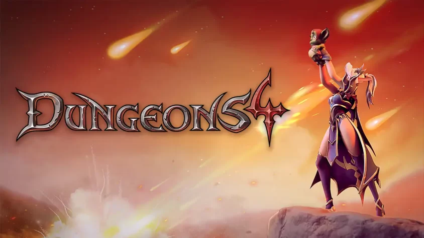 Dungeons 4 – Обложка Обложка игры, где главная героиня возносит своего питомца как победителя