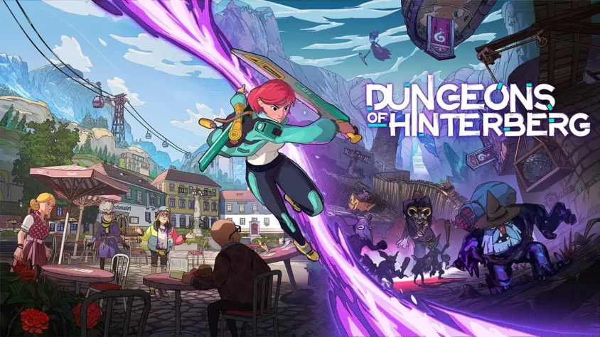 Dungeons of Hinterberg - Обложка игры Обложка игры Dungeons of Hinterberg с героиней в главной роли, сражающейся с врагами в волшебном мире