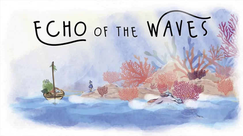 Echo of the Waves Обложка игры с изображением пляжа и лодки на фоне кораллового рифа