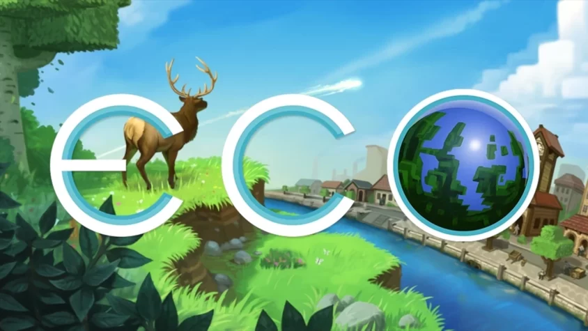Обложка игры Eco Обложка игры Eco с изображением оленя, зелёных лужаек и города на фоне