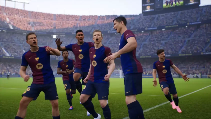 Футболисты Barcelona празднуют победу в игре eFootball 2024