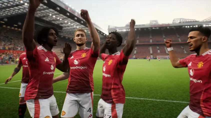 Игроки Манчестер Юнайтед празднуют в игре eFootball 2024
