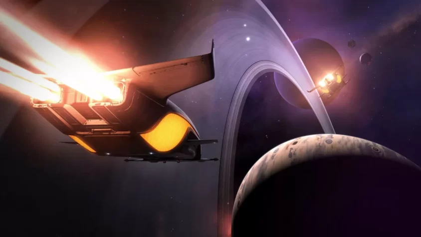 Корабль на фоне космической станции в Elite: Dangerous
