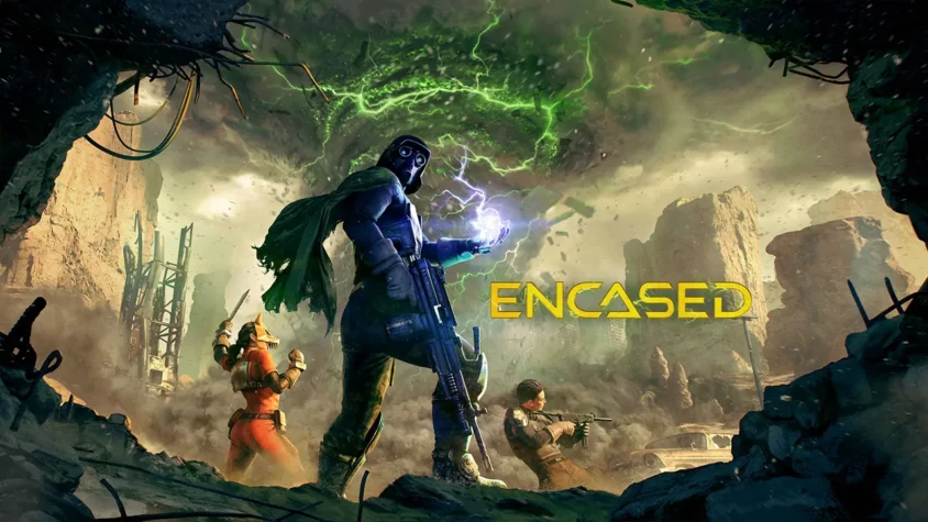 Обложка игры Encased Обложка игры Encased с персонажами в постапокалиптическом мире
