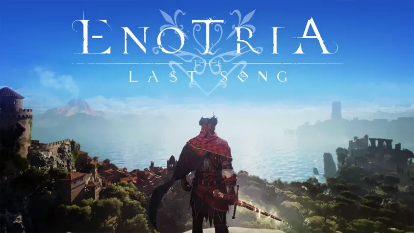 Enotria: The Last Song - Обложка Обложка игры Enotria: The Last Song с видом на персонажа и средневековый город