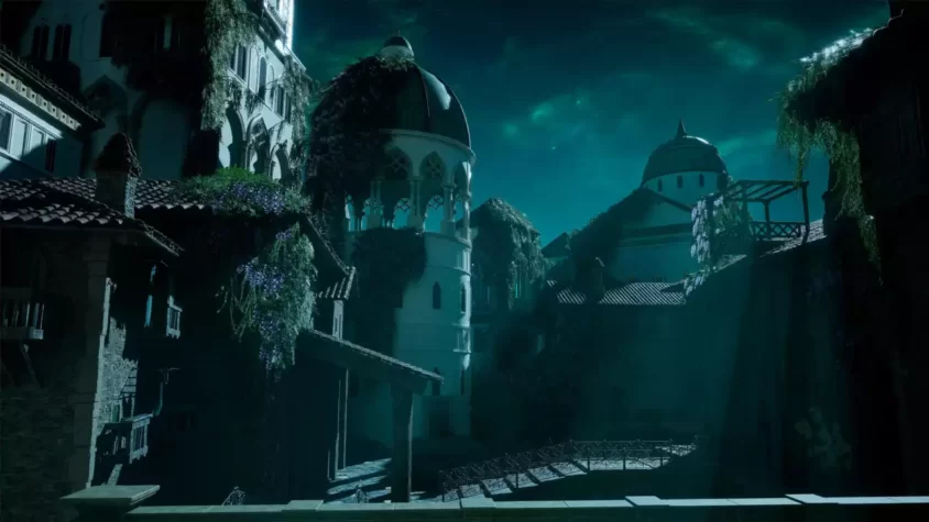 Город с таинственными тенями и разрушенными зданиями в Enotria: The Last Song