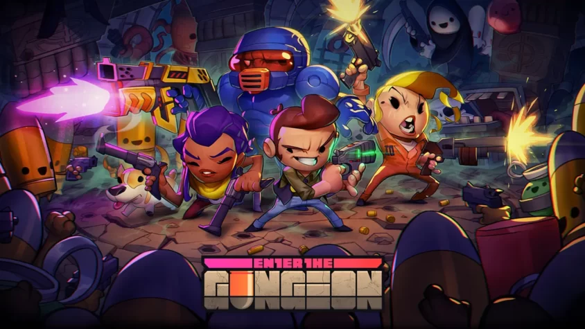 Обложка игры Enter the Gungeon: Главные герои, готовые пустить пули в буквальном и переносном смысле