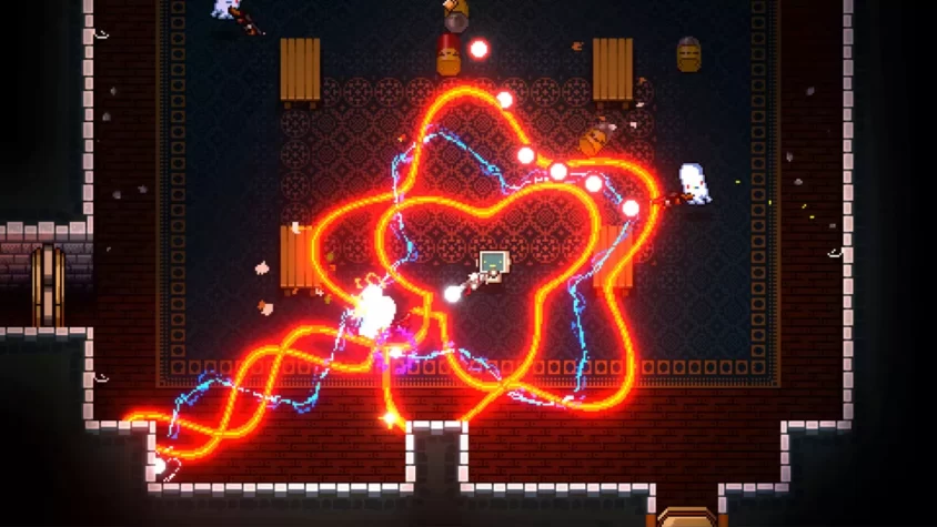 Герои игры Enter the Gungeon в момент сражения с врагами, стреляют по целям