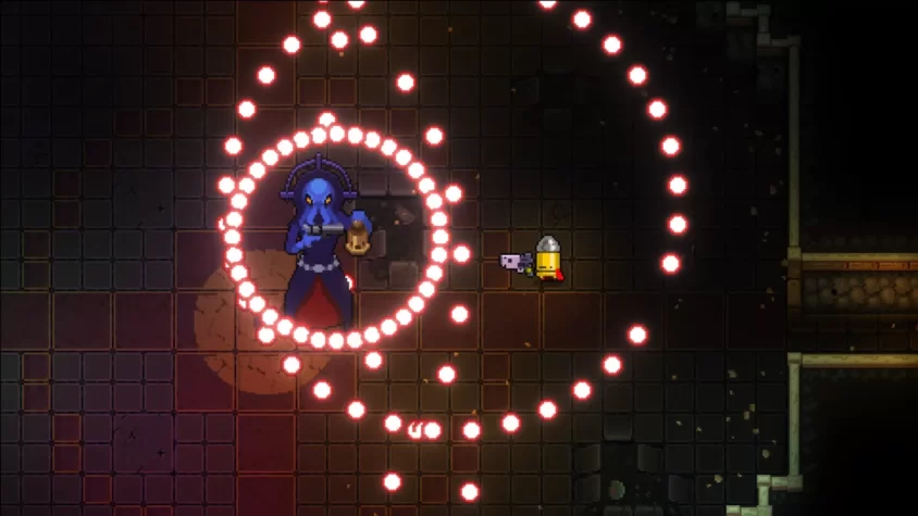 Персонаж игры Enter the Gungeon во время атаки на врагов