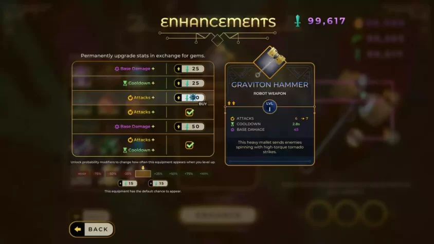 Меню улучшений оружия в Entropy Survivors