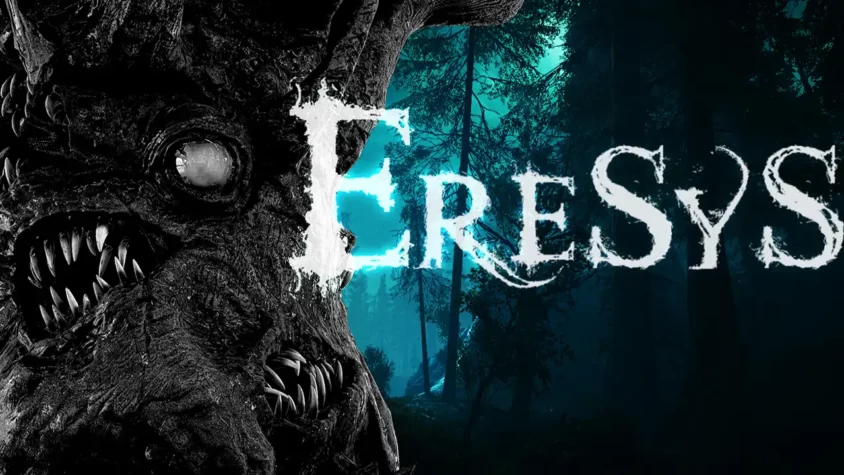 Обложка игры Eresys с жутким существом и темным лесом на фоне