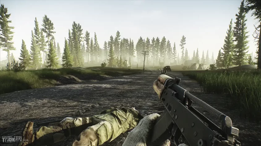 Скриншот из игры Escape from Tarkov – Пейзаж с телом и оружием