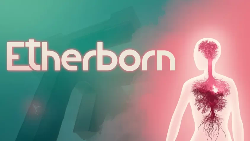 Обложка игры Etherborn с изображением абстрактной фигуры человека и его корней, в ярких цветах