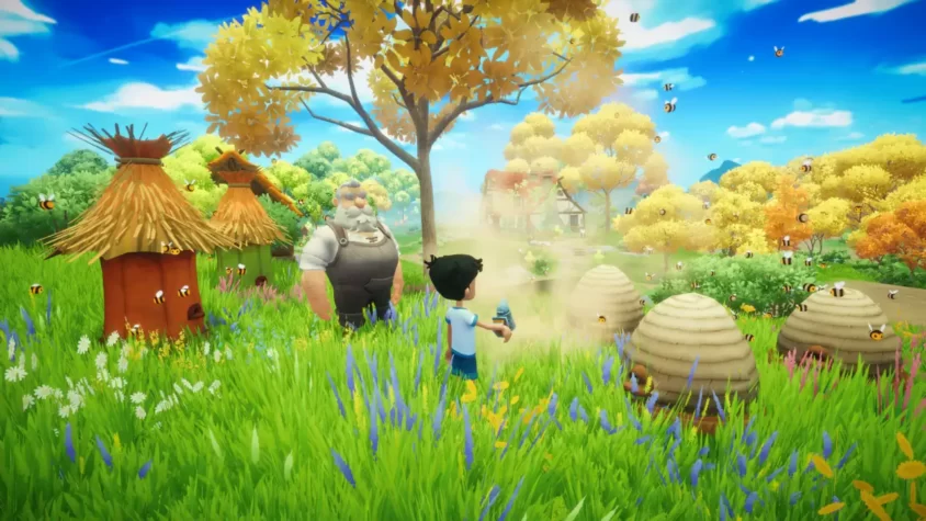 Персонаж взаимодействует с пчелами в игре Everdream Valley
