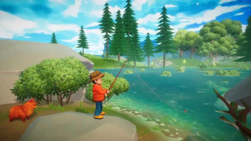 Персонаж рыбачит у водоема в игре Everdream Valley