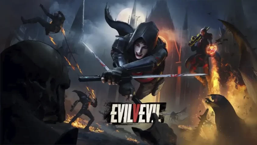 EvilVEvil - Обложка игры Надпись EvilVEvil, изображение с персонажами в бою, окружёнными огнём и тенью