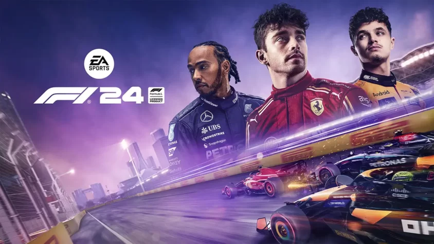 F1 24 – обложка Обложка игры F1 24, featuring Lewis Hamilton and Charles Leclerc