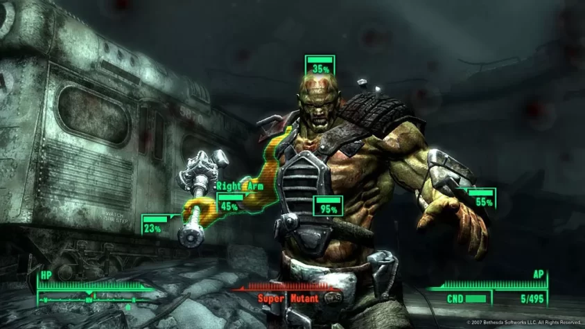 Супер мутант в Fallout 3, с прицеливанием в стиле V.A.T.S. и панелью здоровья