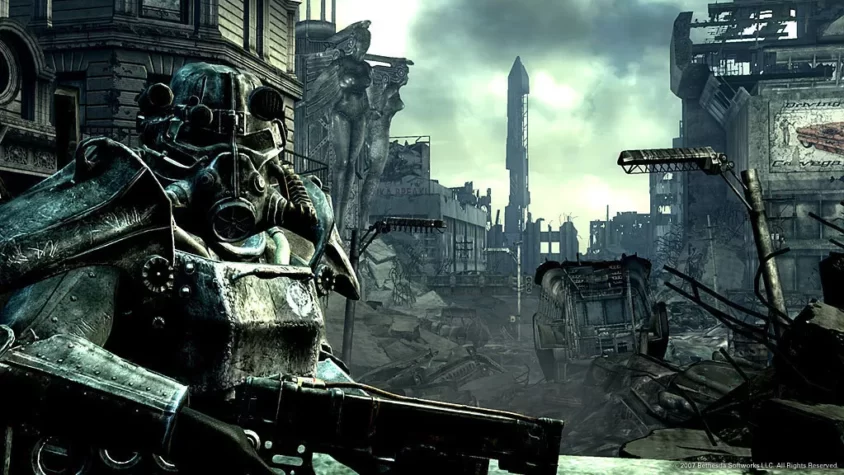 Герой в силовой броне стоит на фоне разрушенного города Fallout 3