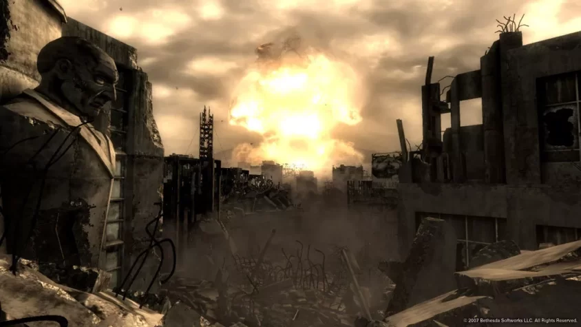 Ядерный взрыв в Fallout 3 на фоне разрушенного города