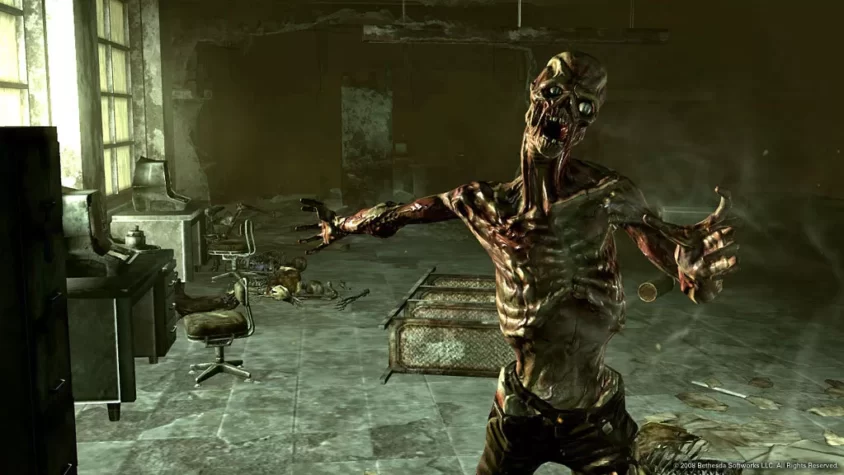 Мутант-зомби в Fallout 3 нападает на героя в заброшенном помещении