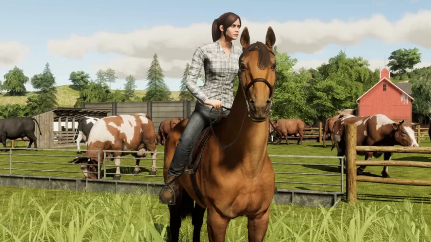 Персонаж на лошади в игре Farming Simulator 19