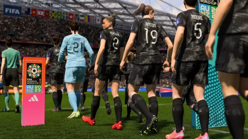 Женский футбол в FIFA 23: игроки на поле с мячом официального чемпионата мира