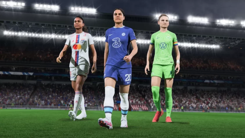 Женские футболистки на поле в FIFA 23 с логотипами команд