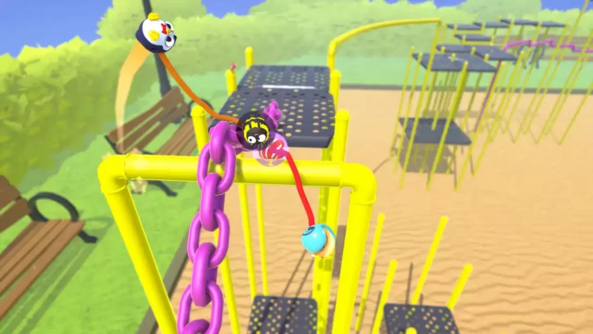 Персонажи игры Fling to the Finish на поле с кучей препятствий
